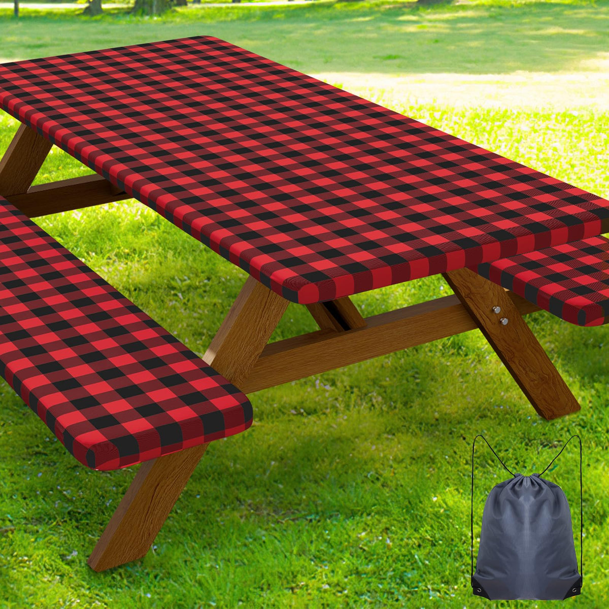 Smiry 6FT Picnic Table Cover with Bench Covers, Elastic Fitted Tablecloth | Waterproof Washable Rectangle Tablecloths ,Buffalo Plaid Tablecloth for Dining, Camping, Outdoor (Black & White, 30" x 72")