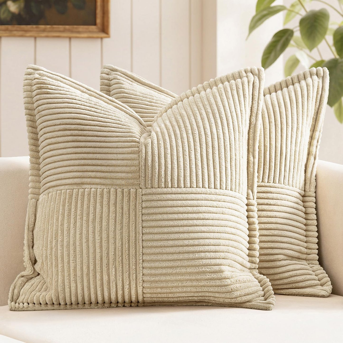 MIULEE Decorative Throw Pillow Covers for Couch 18x18 Inch Beige 2 Pack | Boho Broadside Striped Patchwork Pillow Covers, Soft Corduroy Cushion Cases, For Sofa Bed Livingroom Home Decor