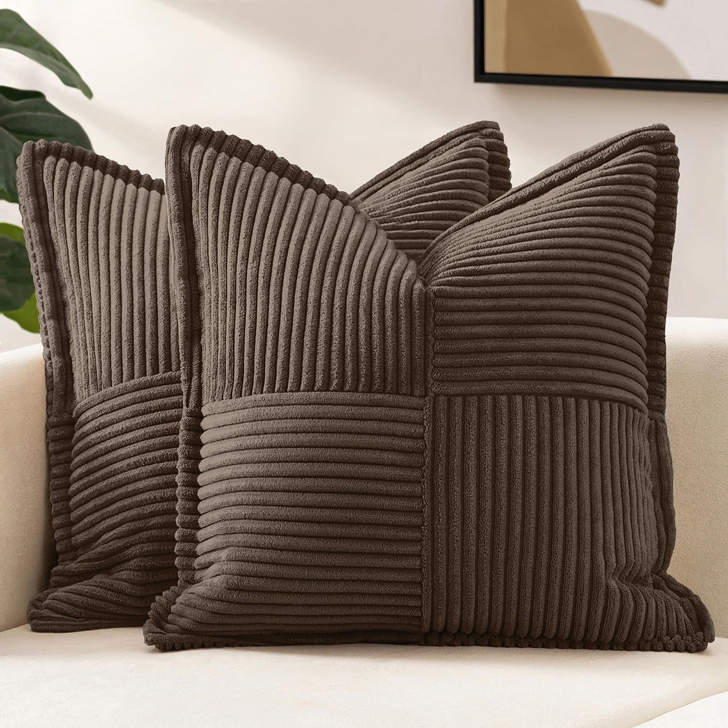 MIULEE Decorative Throw Pillow Covers for Couch 18x18 Inch Beige 2 Pack | Boho Broadside Striped Patchwork Pillow Covers, Soft Corduroy Cushion Cases, For Sofa Bed Livingroom Home Decor