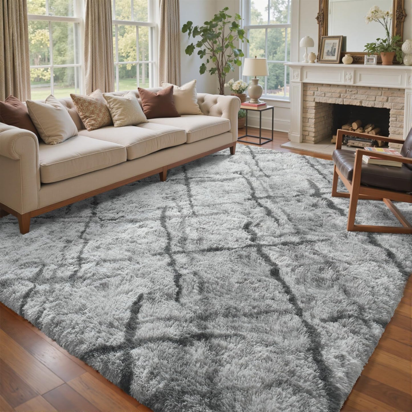 6x9 Ft Large Shag Rugs for Living Room Decor, Tie-Dyed Ultra Soft Fluffy Furry Area Rugs for Bedroom Indoor Floor, Aesthetic Carpet for Kids Home (Dark Grey)