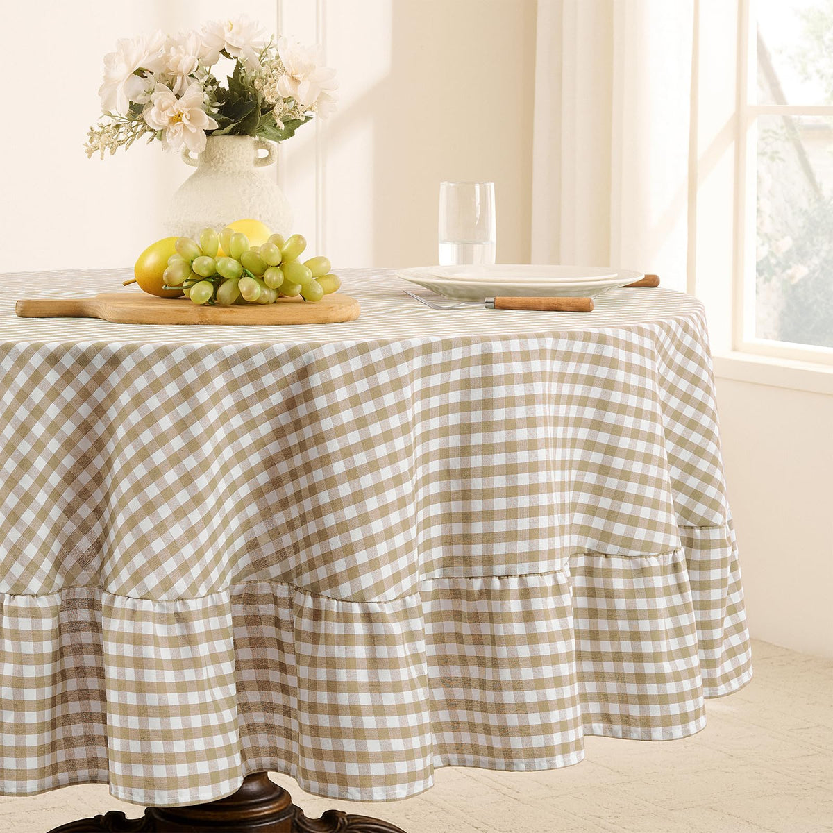 Romanstile Gingham Ruffled Tablecloth Rectangle, 60 x 84 Inch, Sage Green | Waterproof Checkered Table Cloth, Polyester-cotton, Farmhouse Plaid Table Cover for Outdoor, Picnic, Camping, Party