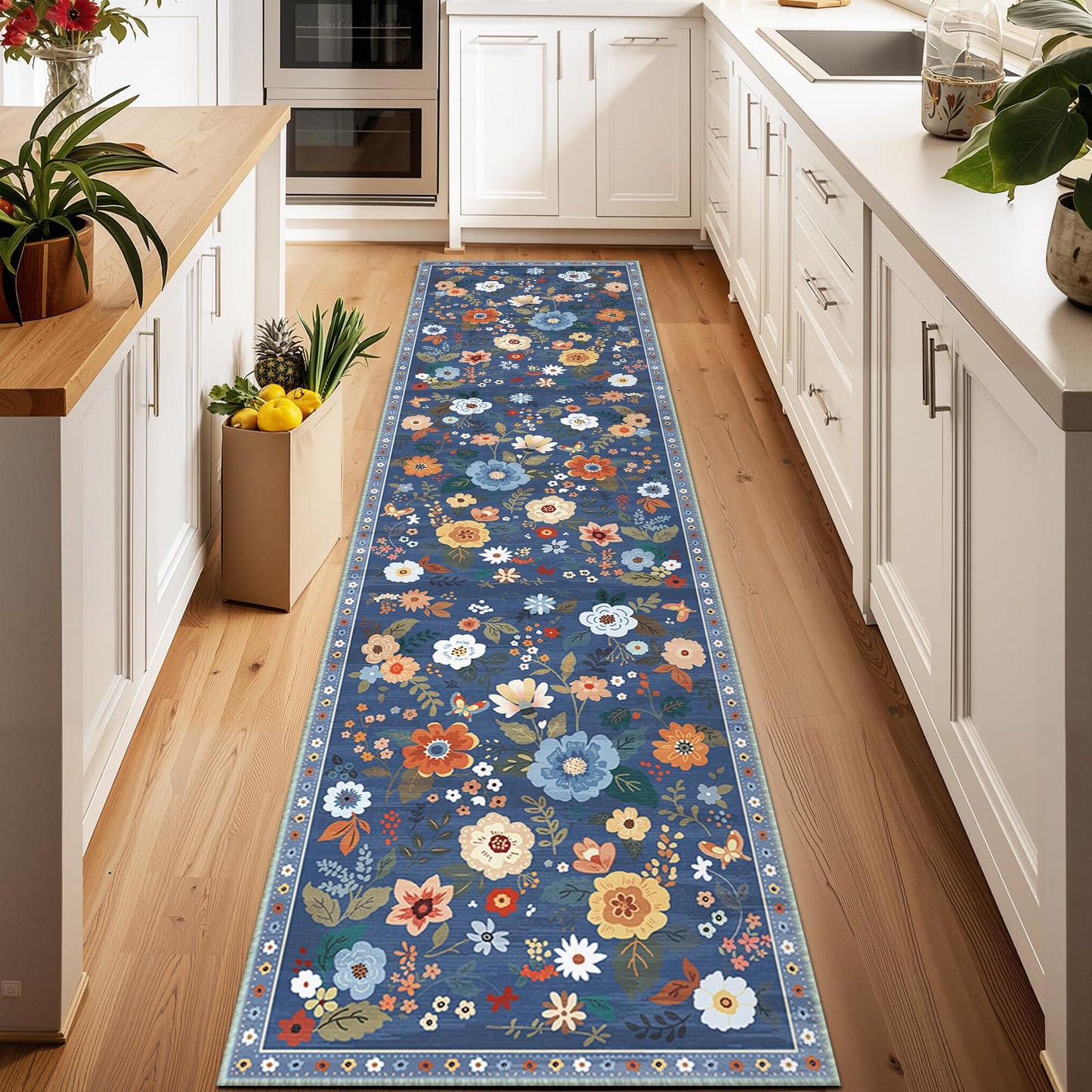 RELEANY Floral Washable 5x7 Area Rugs Beige/White/Orange | Flower Carpet, Print, Boho, Non-Slip, Easy to Clean, Soft, Low Pile for Living Room Bedroom Kitchen Office Entryway Hallway