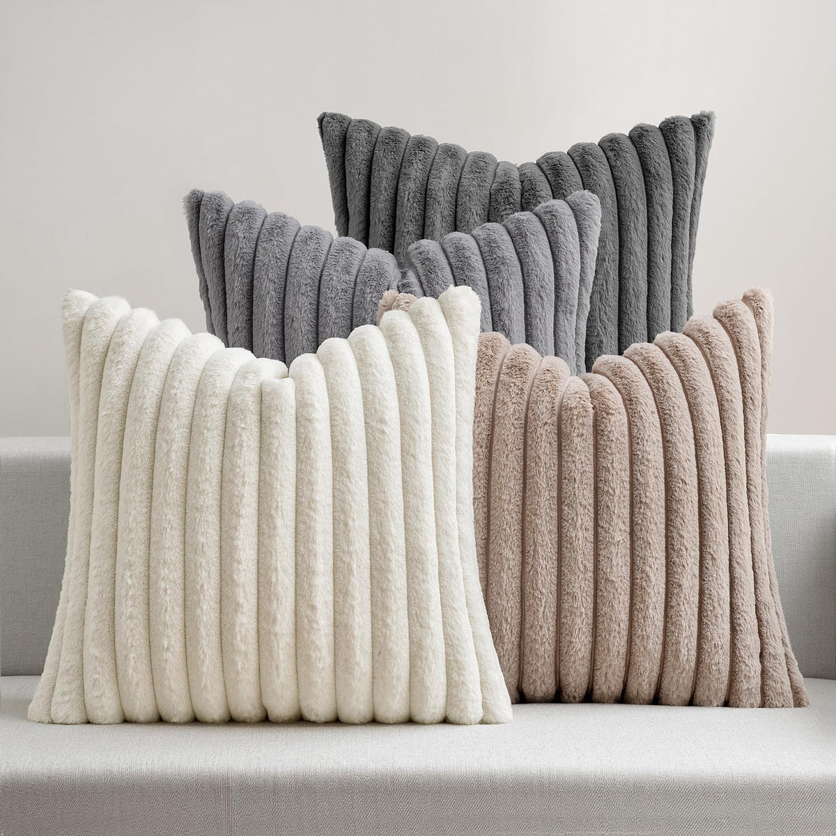 MIULEE Faux Fur Plush Decorative Throw Pillow Covers 18x18, Navy Blue | Set of 4, Striped, Soft Coastal Modern Cozy Home Decor, Cushion Cases for Sofa Couch Bed Living Room