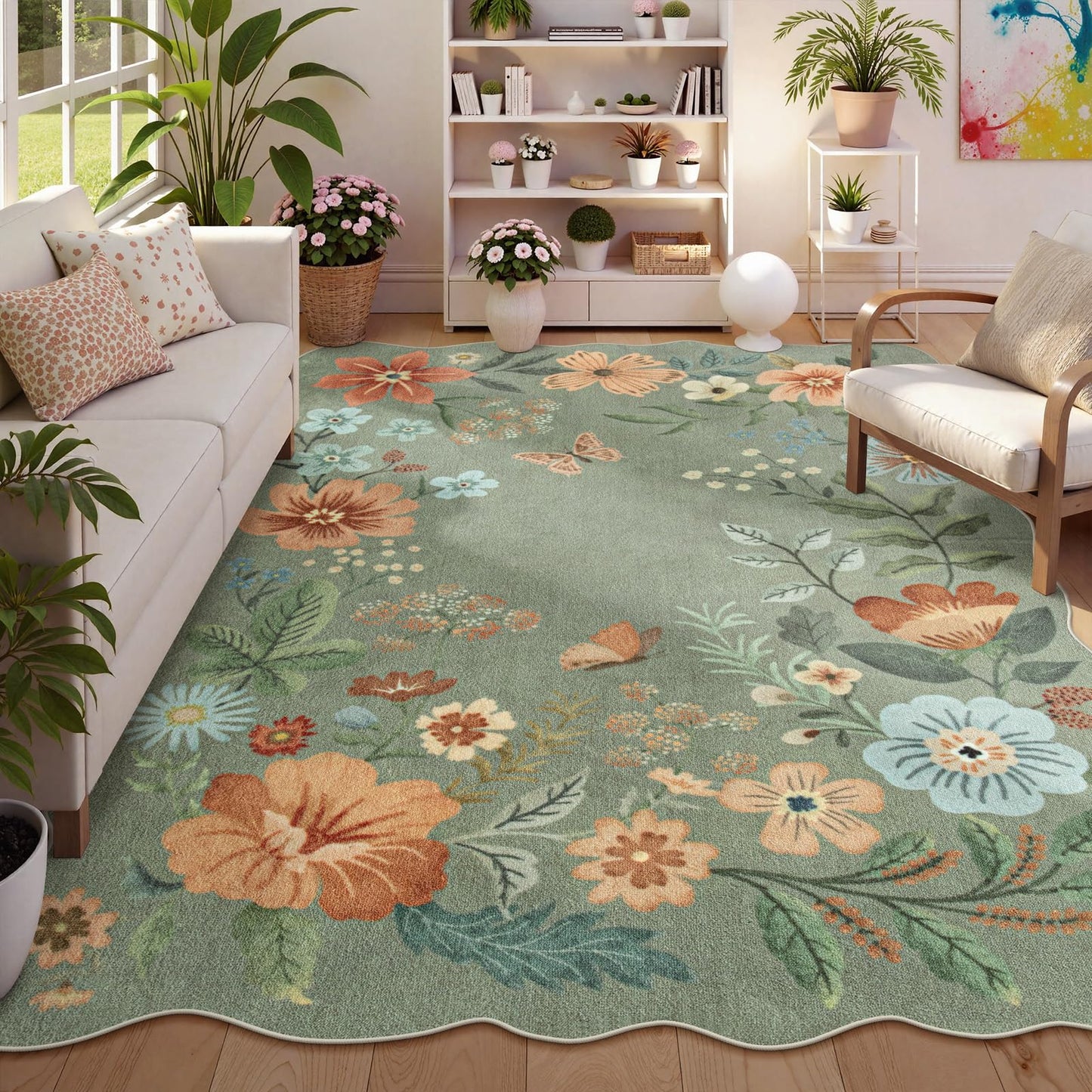 Lahome Floral Rugs for Living Room, 5x7 Area Rugs Ultra-Thin Soft Washable Rug, Non-Slip Bedroom Rug Stain Resistant Boho Flore Carpet for ‎Dining Room Office (5x7ft,Black/Grey)