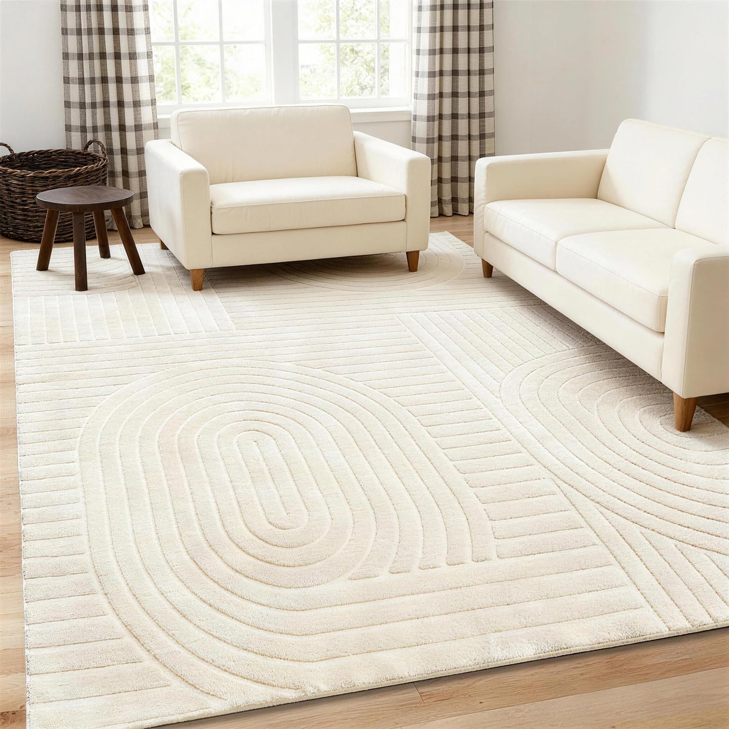 Beige Solid Area Rug 8x10, Washable Rugs for Living Room Bedroom | Modern Neutral Boho Geometric High-Low Pile Carpet, Soft, Fluffy Non-Slip Rugs for Nursery, Kids Room, Apartment, Home Office