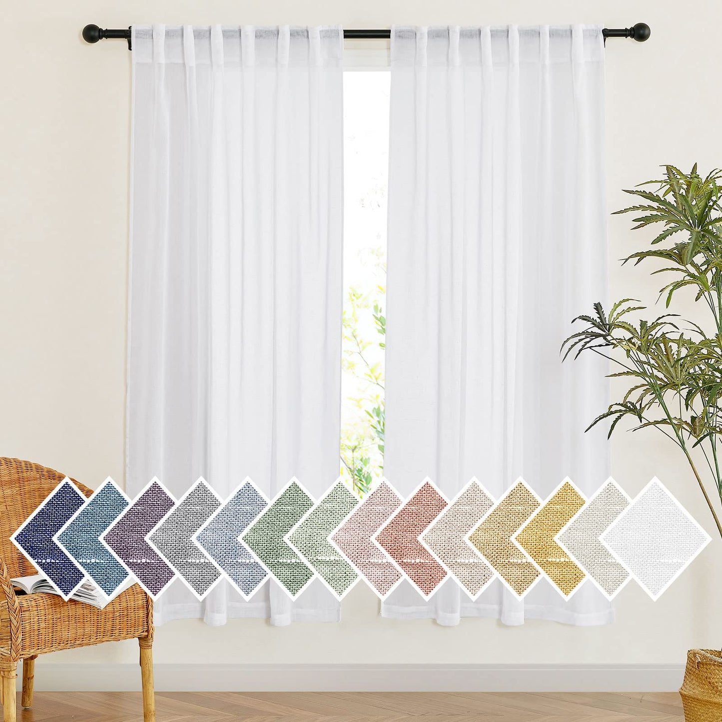 NICETOWN Semi Sheer White Curtains 84 inch Long, Rod Pocket & Back Tab Sheer Linen Curtains & Drapes Balance Privacy & Light Panels for Bedroom/Living Room, W52 x L84, 2 Panels