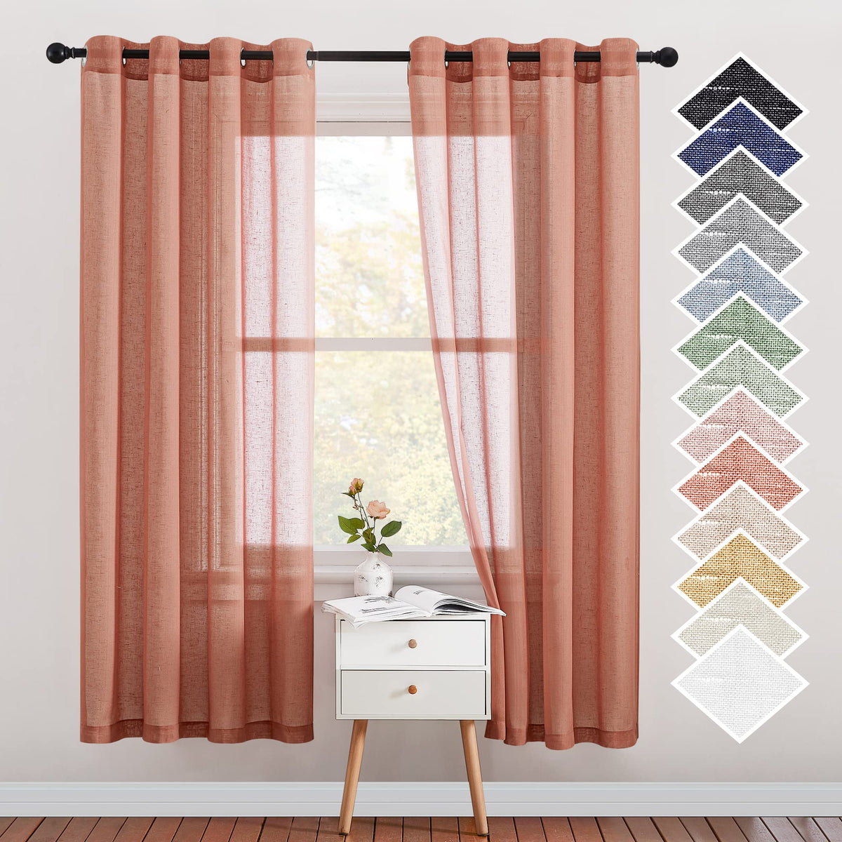 NICETOWN White Sheer Linen Curtains for Living Room 84 inch Length 2 Panels Set, Grommet Semi Sheer Privacy with Light Filtering Flax Window Treatments for Bedroom, W52 x L84