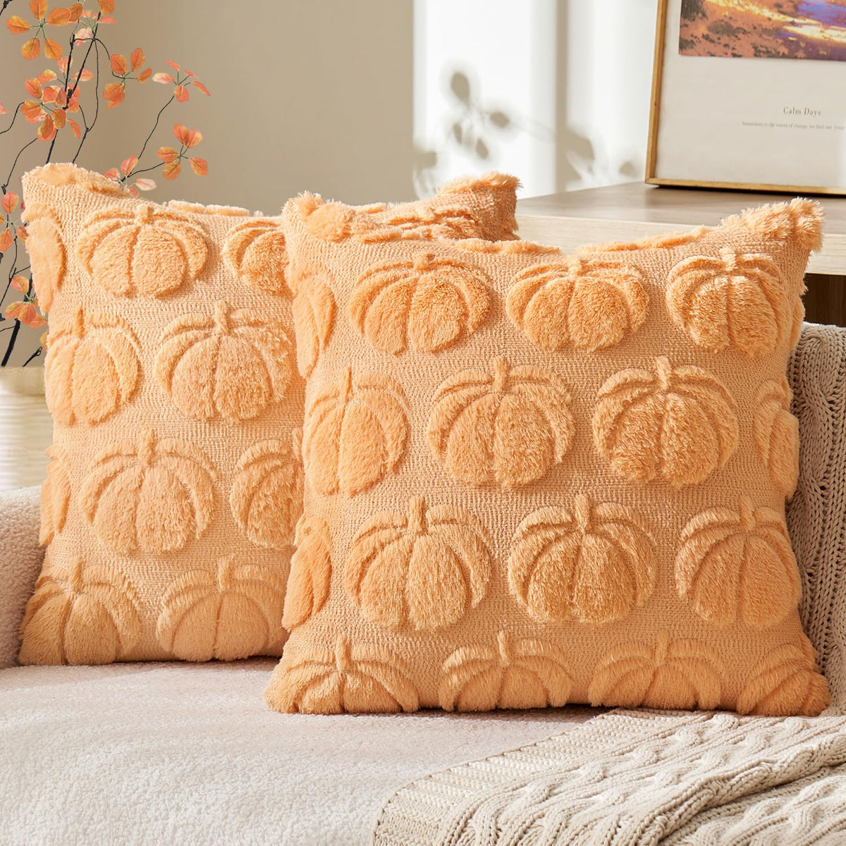 MIULEE Fall Pillow Covers Pumpkin Fall Decor 18x18 Dark Rust | Set of 2 Fall Decorations for Home, Plush Faux Fur Farmhouse Accent Pillowcases, Porch Sofa Couch Cushion Bed Livingroom
