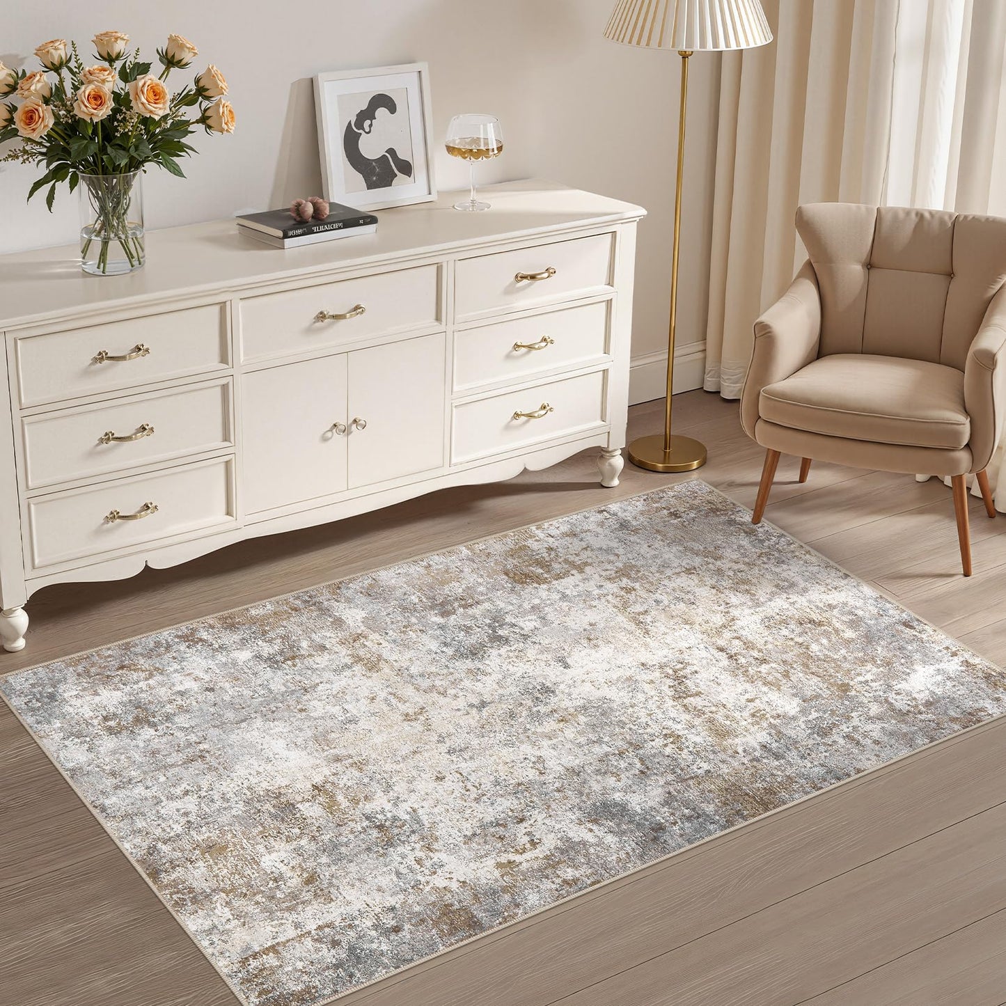 UERMEI 8x10 Area Rug Living Room Rugs - Washable Neutral Modern Abstract Soft Thin Large Rug Indoor Floor No Slip Rug Carpet for Bedroom Under Dining Table Home Office Decor - Brown Grey
