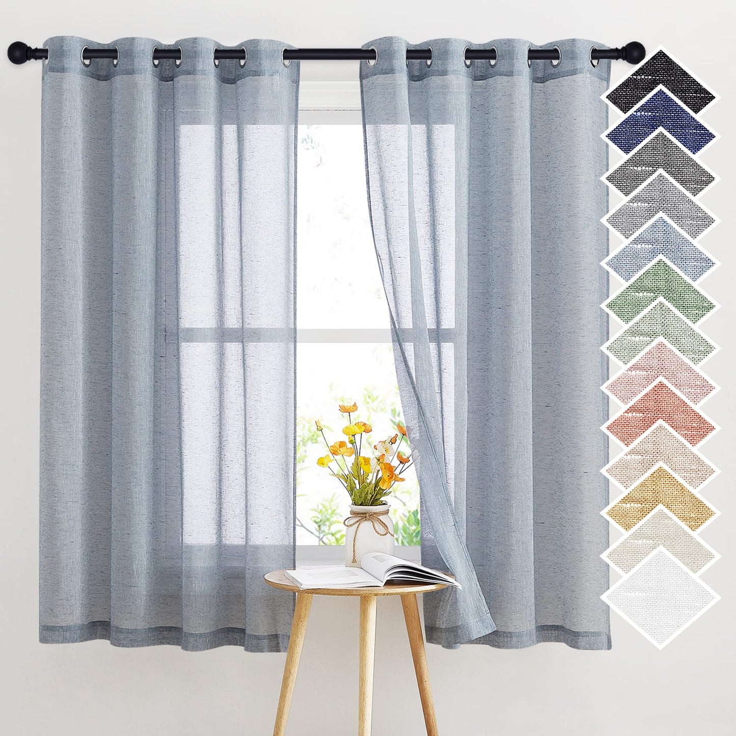 NICETOWN White Sheer Linen Curtains for Living Room 84 inch Length 2 Panels Set, Grommet Semi Sheer Privacy with Light Filtering Flax Window Treatments for Bedroom, W52 x L84
