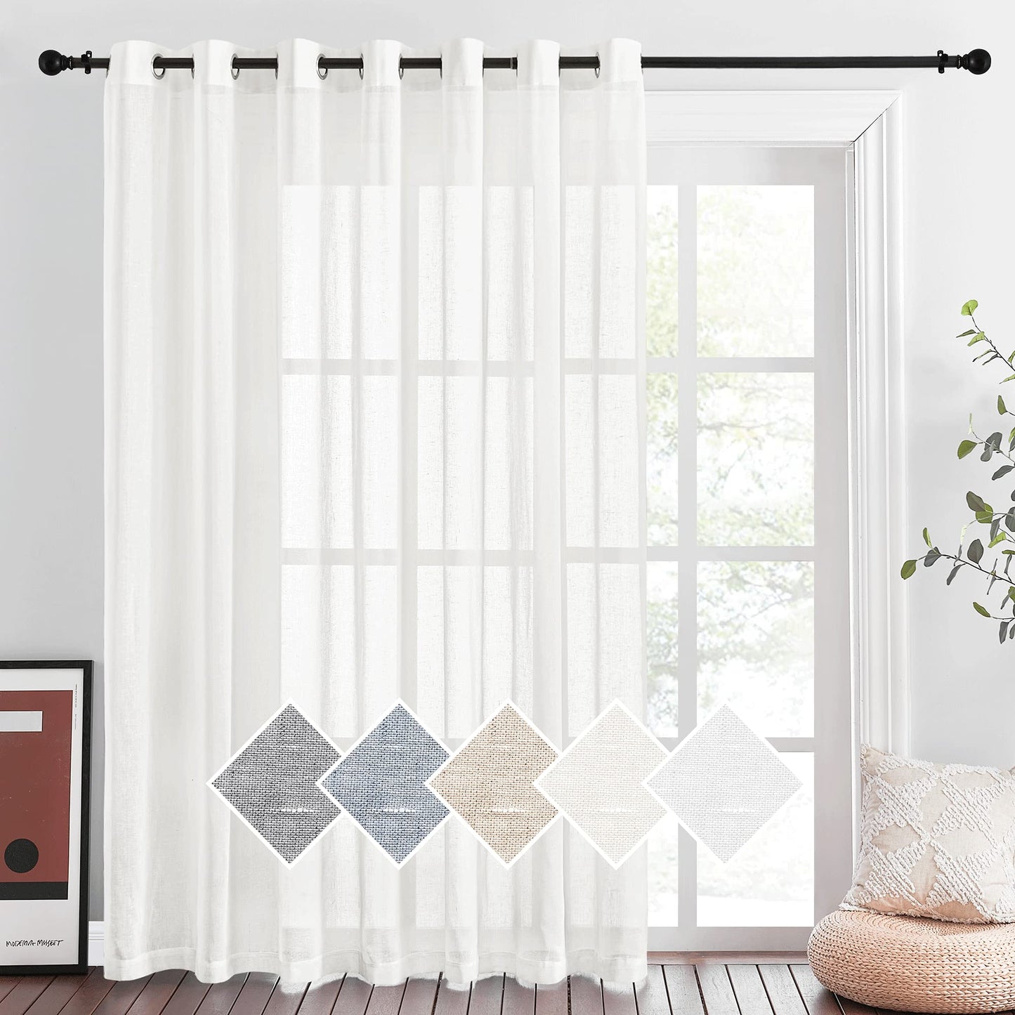 NICETOWN White Sheer Linen Curtains for Living Room 84 inch Length 2 Panels Set, Grommet Semi Sheer Privacy with Light Filtering Flax Window Treatments for Bedroom, W52 x L84