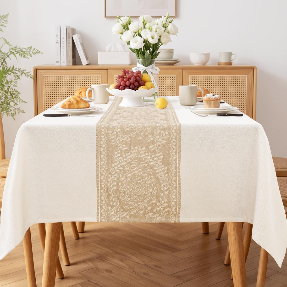 JIUZHEN Rectangle Table Cloth Faux Linen Farmhouse Tablecloth, Wrinkle and Stain Resistant Decorative Fabric Rectangular Spring Table Cover for Dining/Party/Birthday/Wedding, Beige, 54 x 80 Inch