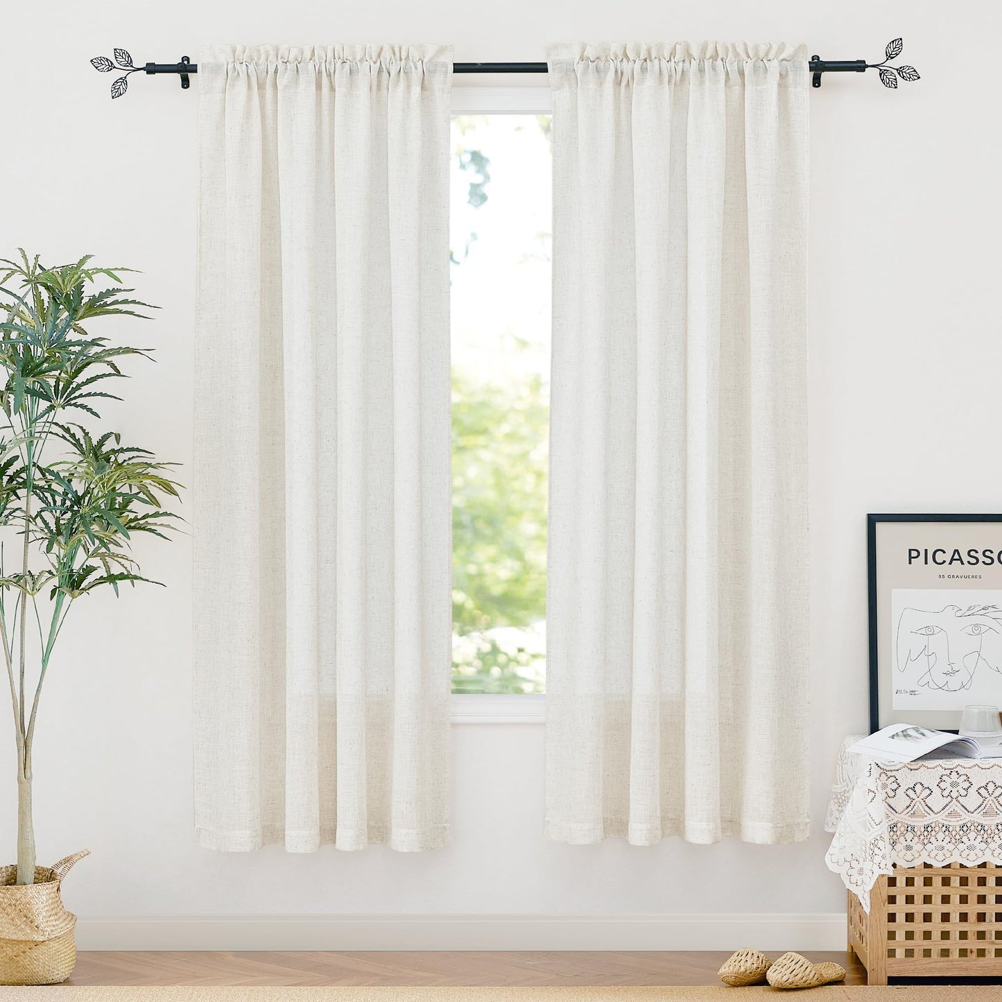 RYB HOME White Semi Sheer Curtains 84 inches Long for Living Room | Half Privacy, Linen Textured, Sheer Light Filtering, Vertical Window Drapes, for Bedroom Dining, White, W52 x L84, 2 Panels