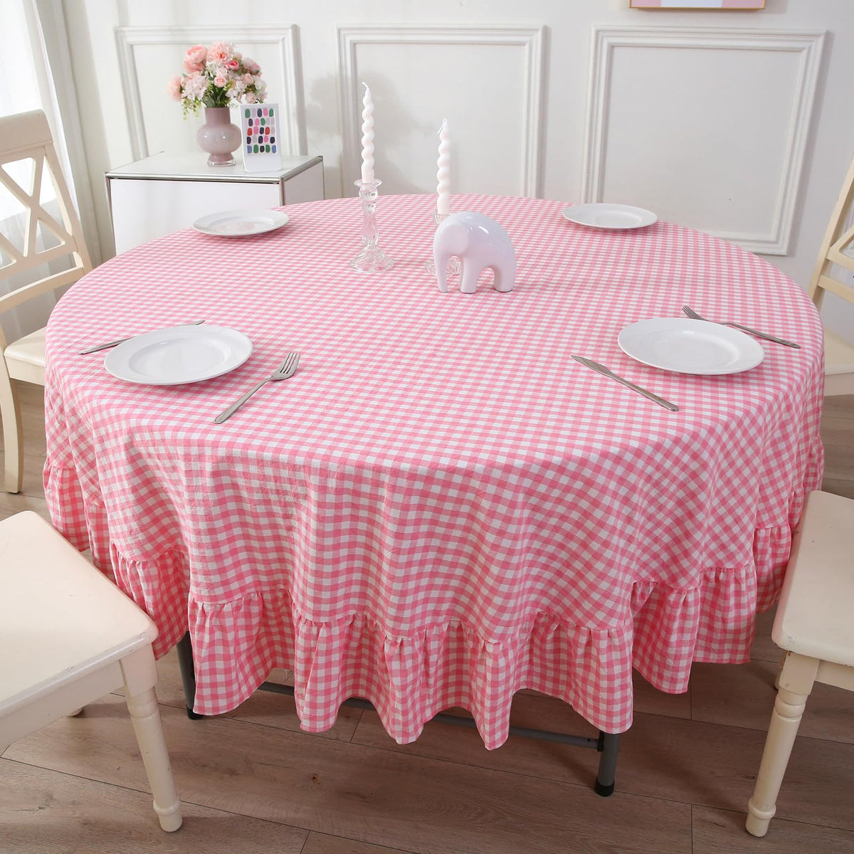 Blush White Gingham Ruffled Table Cloth Rectangular 120“x60” | 100% Washed Cotton, for Seat 8-10, Buffet Picnic Baby Shower Party Tablecloth, Decorative Checker Plaid Farmhouse Table Cover
