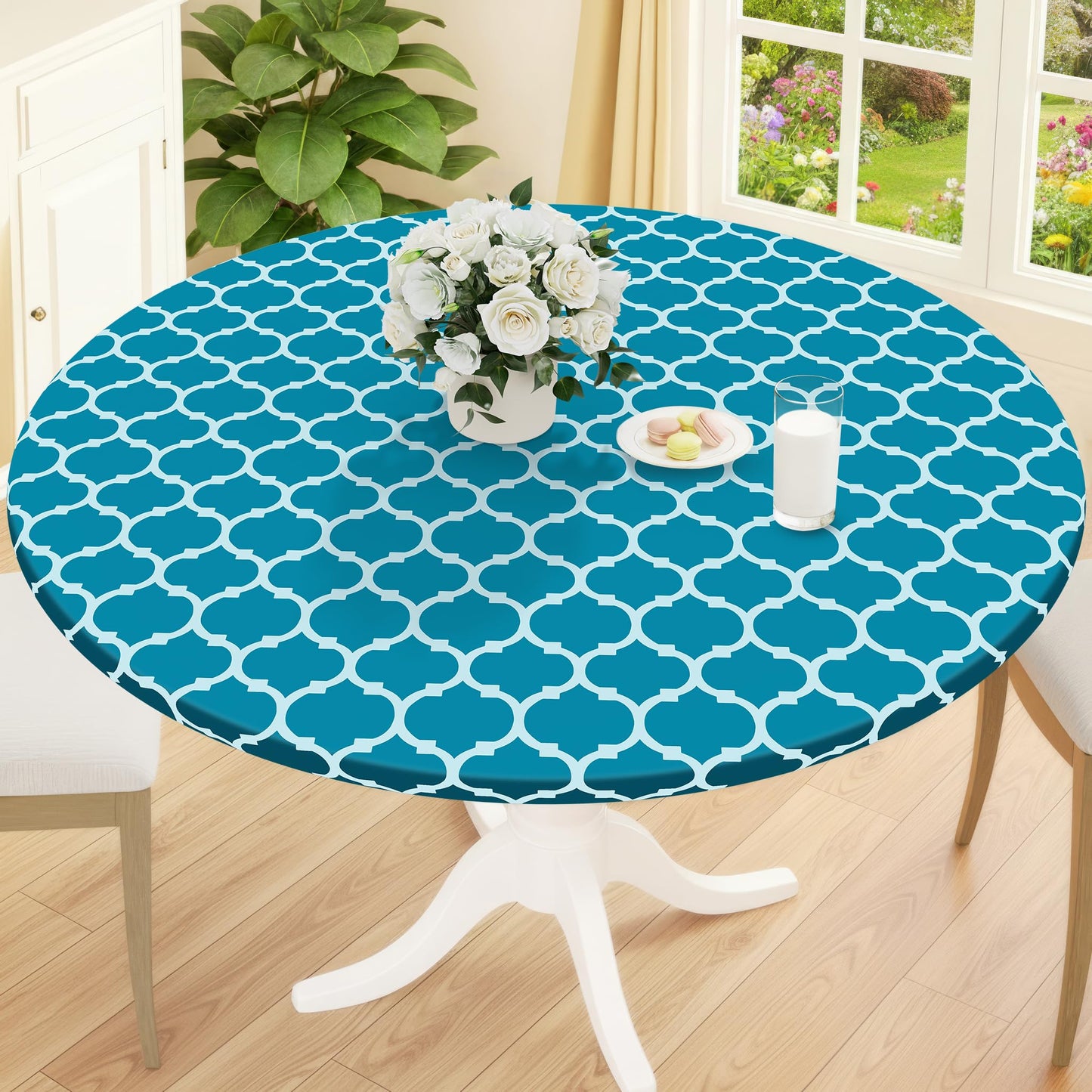 Smiry Round Picnic Tablecloth, Waterproof Elastic Fitted Table Covers for 45" - 56" Tables, Wipeable Flannel Backed Vinyl Tablecloths for Camping, Indoor, Outdoor, Grey & White