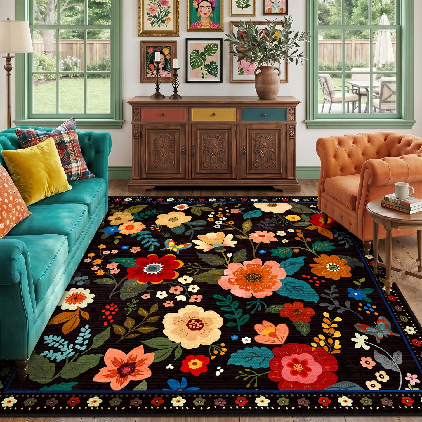 RELEANY Floral Washable 5x7 Area Rugs Beige/White/Orange | Flower Carpet, Print, Boho, Non-Slip, Easy to Clean, Soft, Low Pile for Living Room Bedroom Kitchen Office Entryway Hallway