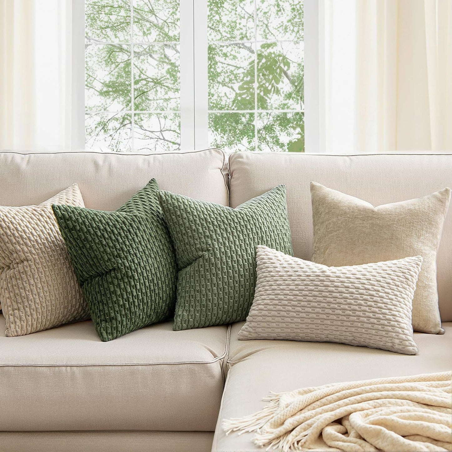 MIULEE Decorative Throw Pillow Covers 18x18 Sage Green Textured Corduroy | Pack of 2 Striped Pillow Covers Modern Farmhouse Home Decor for Couch Bed Sofa Living Room