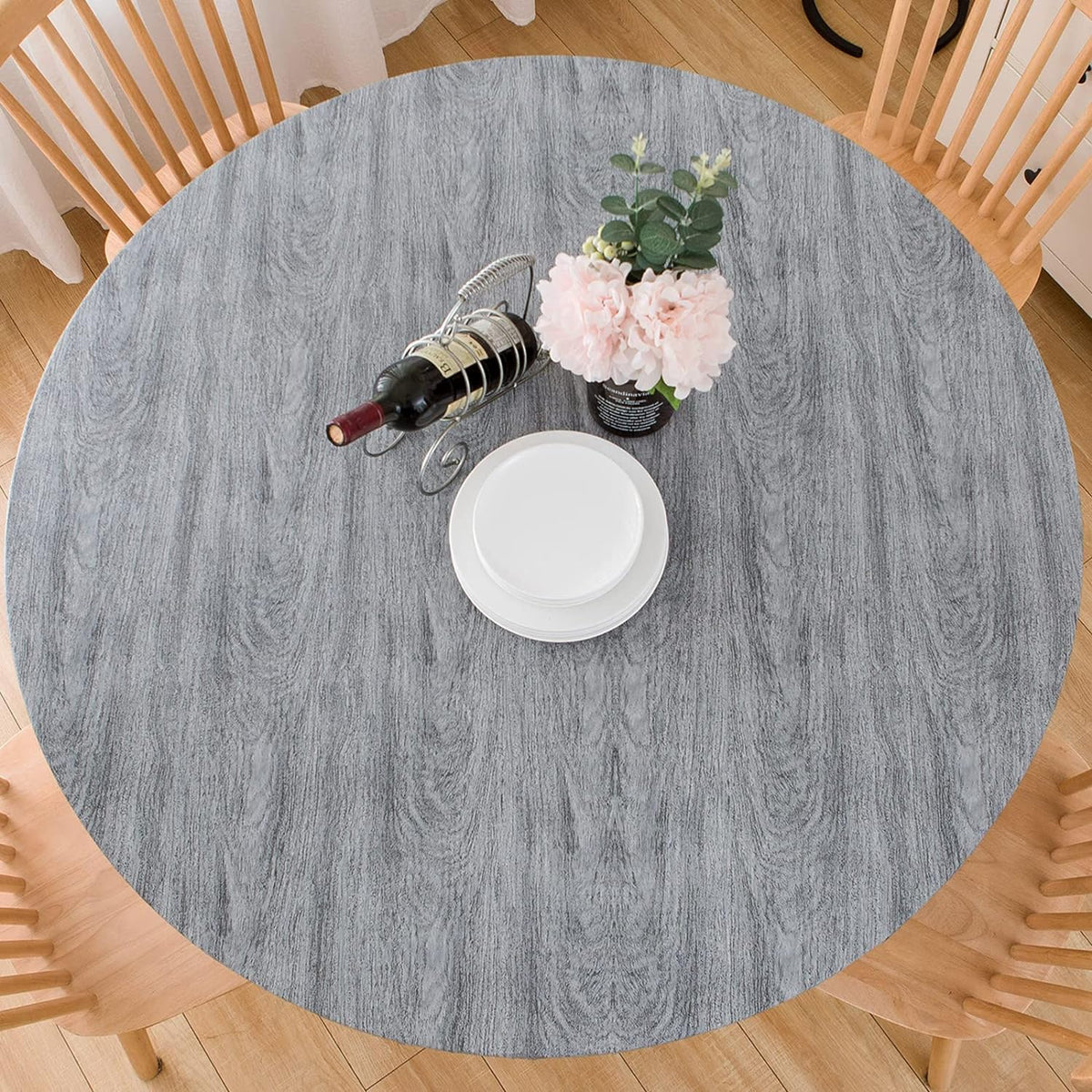 Pioggia Round Vinyl Fitted Tablecloth with Flannel Backing Elastic Table Cloth Waterproof Oil-Proof Plastic Table Cover Best for 45"-56" Round