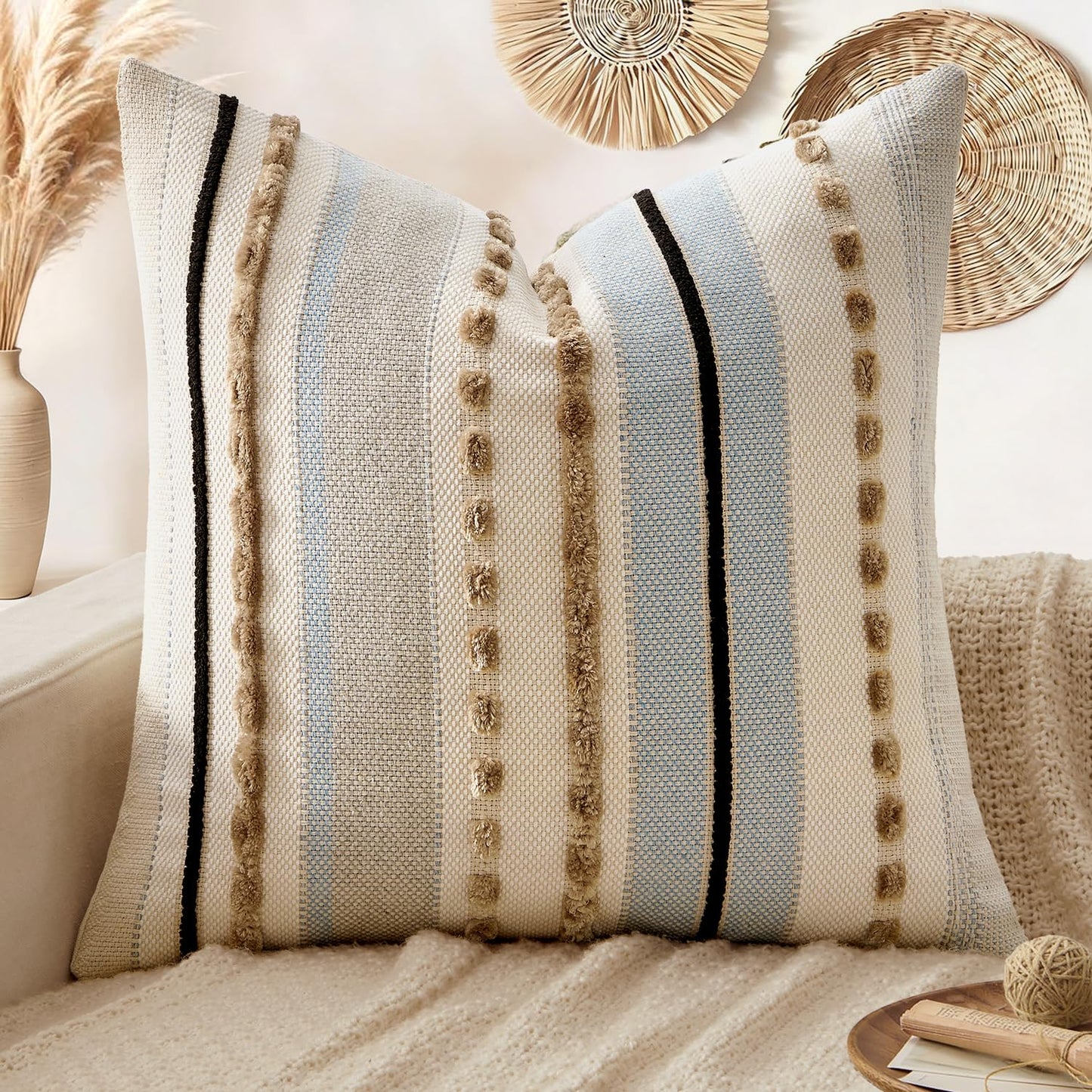 ANRODUO Boho Decorative Pillow Covers Olive Green Stripe 18x18 Pack of 2 | Throw Pillow Covers, Farmhouse Cushion Case, Chenille Pillow Cases, Pillow Covers, Accent Neutral Pillowcase for Couch Bed