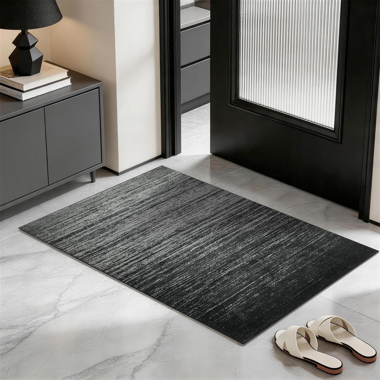 8x10 Washable Area Rug, Black Solid Area Rugs for Living Room & Bedroom | Stain-resistant & Non-slip backing,Low Pile Washable Large Carpet, Solid Vintage Style For High Traffic Areas(8x10,Black)