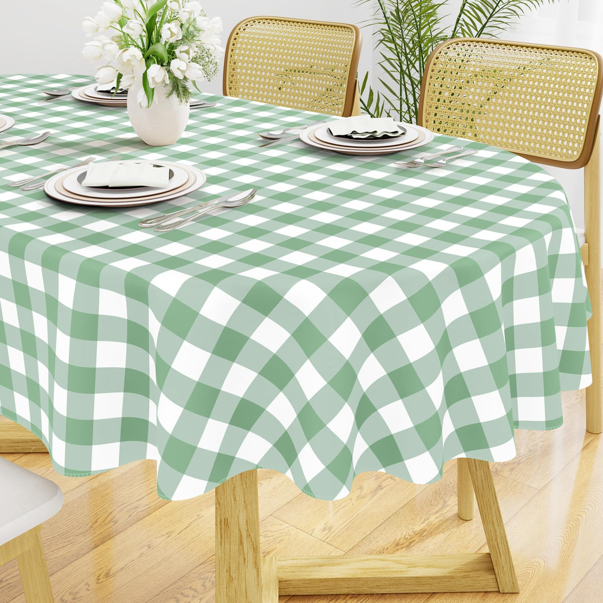 Smiry Picnic Table Cloth, Vinyl Tablecloths with Flannel Backing, 60"x84" | Waterproof Rectangle Table Cloth, Wipeable Buffalo Plaid Table Cover for Indoor and Outdoor (Khaki & White)