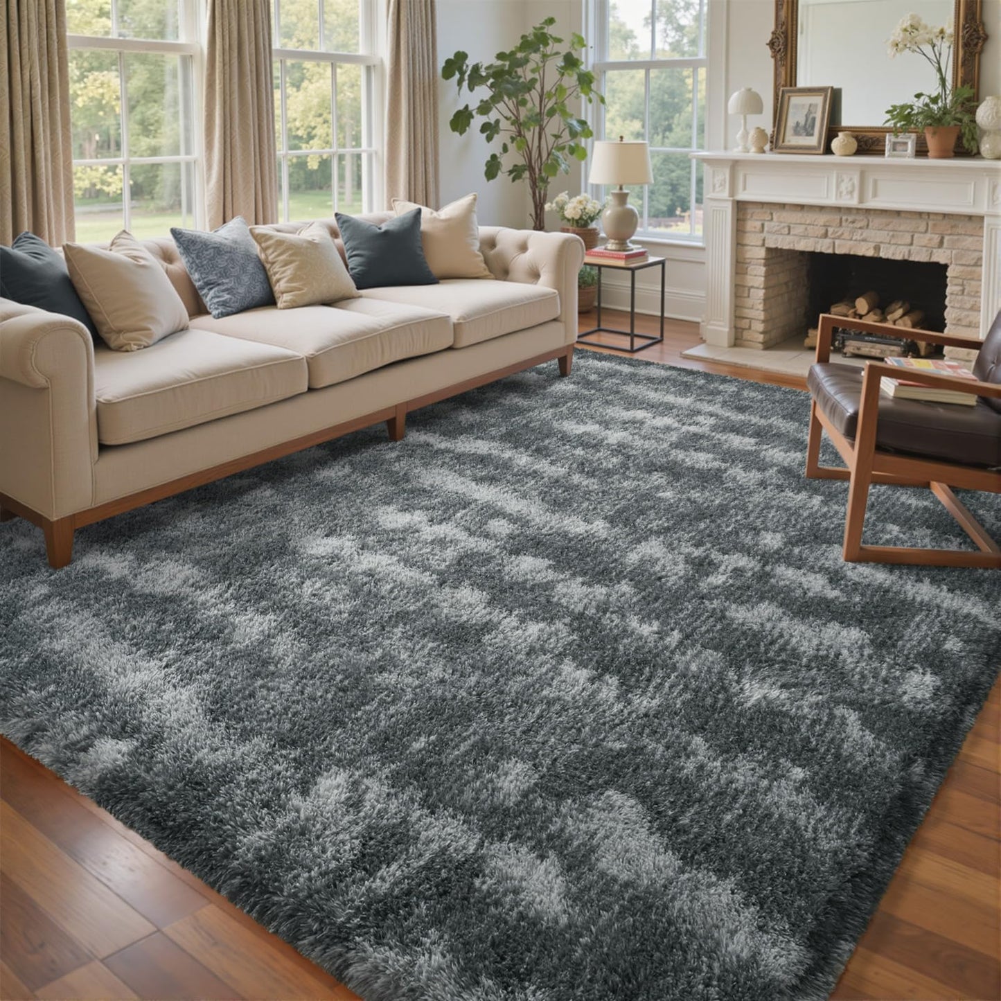 6x9 Ft Large Shag Rugs for Living Room Decor, Tie-Dyed Ultra Soft Fluffy Furry Area Rugs for Bedroom Indoor Floor, Aesthetic Carpet for Kids Home (Dark Grey)
