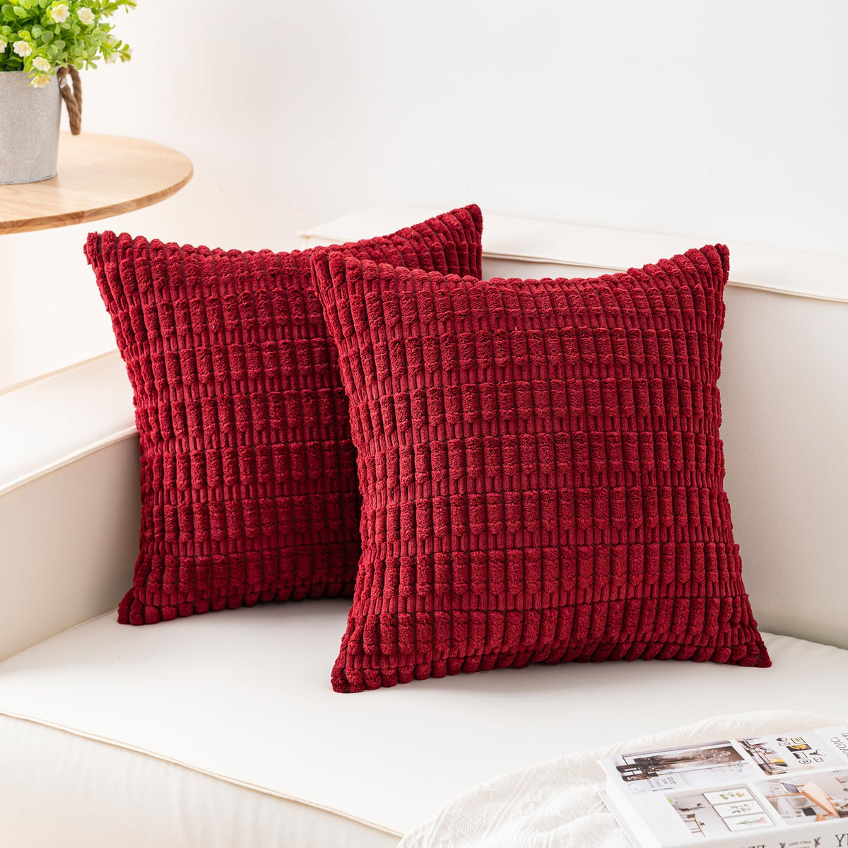 Pack of 2 Corduroy Decorative Throw Pillow Covers 18x18 Inch, Cream White | Fall Soft Striped Pillow Covers Modern Farmhouse Home Decor Christmas Throw Pillow Covers for Sofa Living Room Couch Bed ﻿