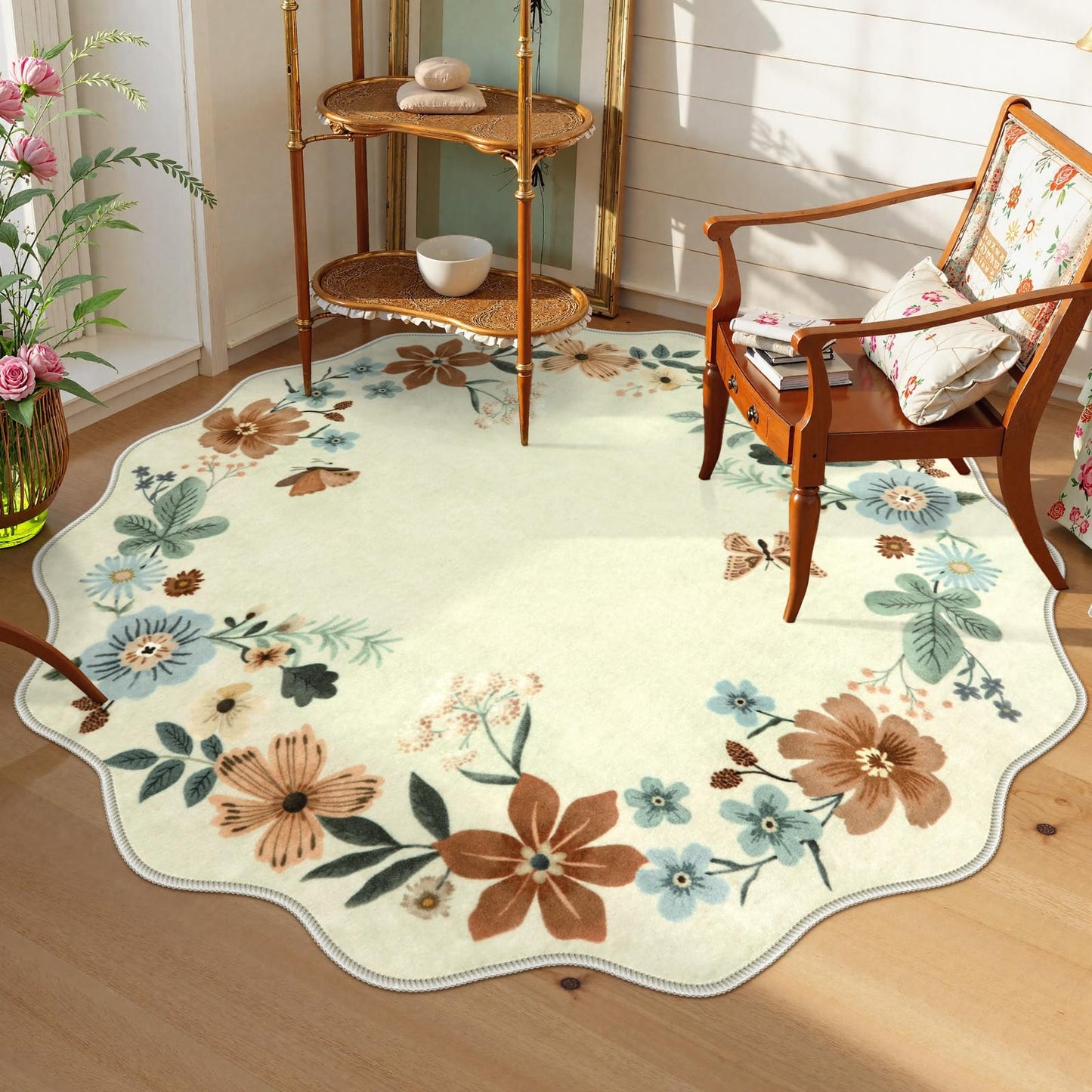 Lahome Floral Washable Living Room Rug, 5x7 Area Rugs for Bedroom Soft | Dining Room Rug Ultra-Thin Non Slip Stain Resistant Boho Low-Pile Throw Carpet for Office Flore (5x7ft, Beige)