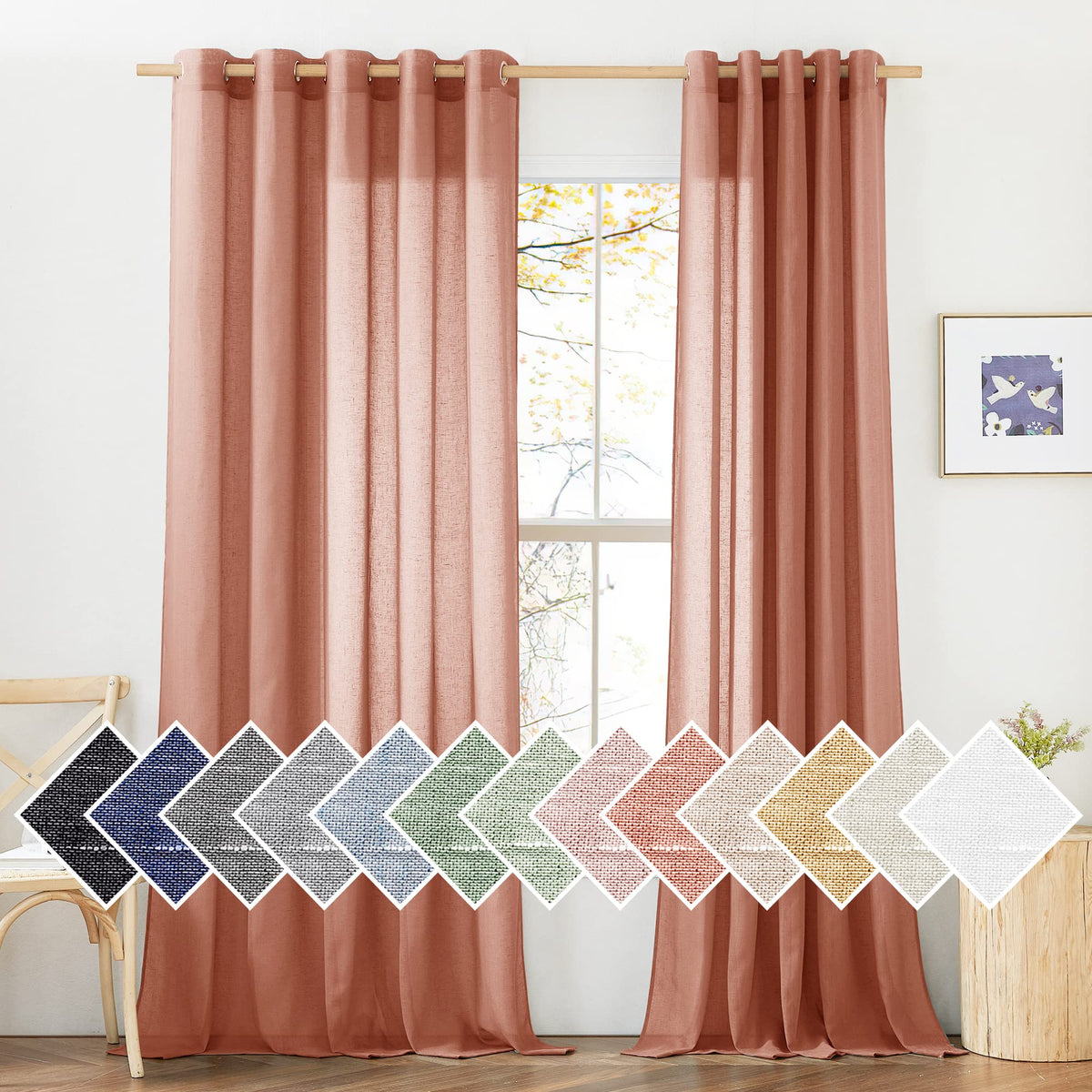 NICETOWN White Sheer Linen Curtains for Living Room 84 inch Length 2 Panels Set, Grommet Semi Sheer Privacy with Light Filtering Flax Window Treatments for Bedroom, W52 x L84