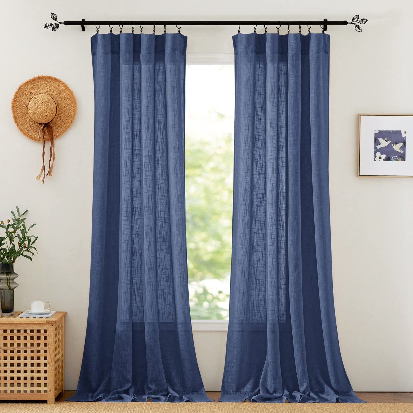 RYB HOME White Semi Sheer Curtains 84 inches Long for Living Room | Half Privacy, Linen Textured, Sheer Light Filtering, Vertical Window Drapes, for Bedroom Dining, White, W52 x L84, 2 Panels