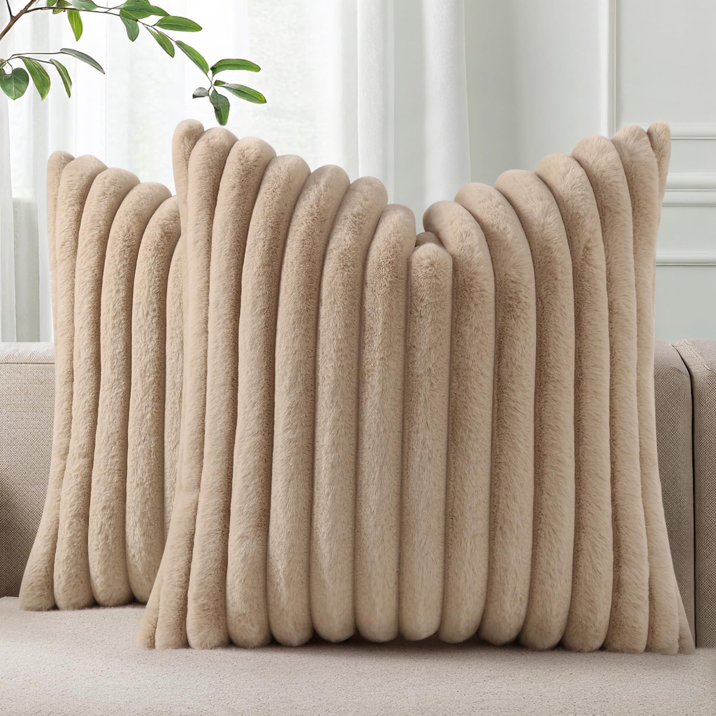 Pallene Faux Fur Decorative Throw Pillow Covers 18x18 Set of 2, Cream White | Luxury Plush Texture, Striped Design, Cozy Soft Touch, Modern Home Accent Decor for Couch, Sofa, Bed, Living Room