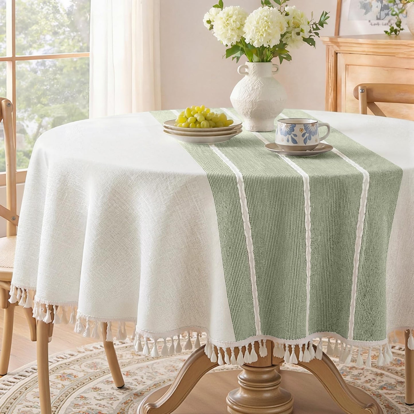 Softalker Outdoor Linen Tablecloth Rectangle, Waterproof Cotton Boho Farmhouse Table Cloths with Tassel, Heavy Weight Wrinkle Free Table Cover for Picnic Camping Dining - 55 x 70 Inch, Coffee Lines