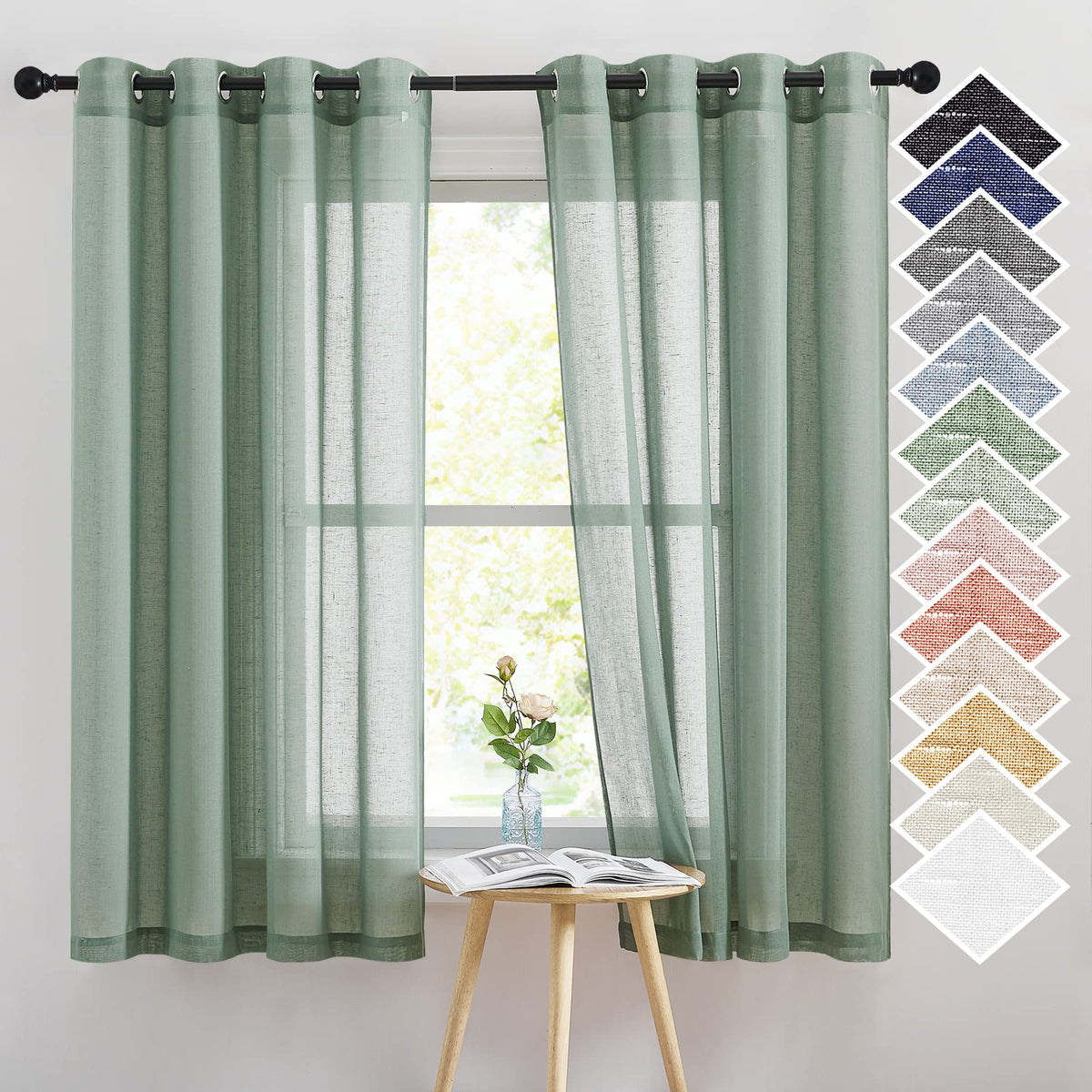 NICETOWN White Sheer Linen Curtains for Living Room 84 inch Length 2 Panels Set, Grommet Semi Sheer Privacy with Light Filtering Flax Window Treatments for Bedroom, W52 x L84