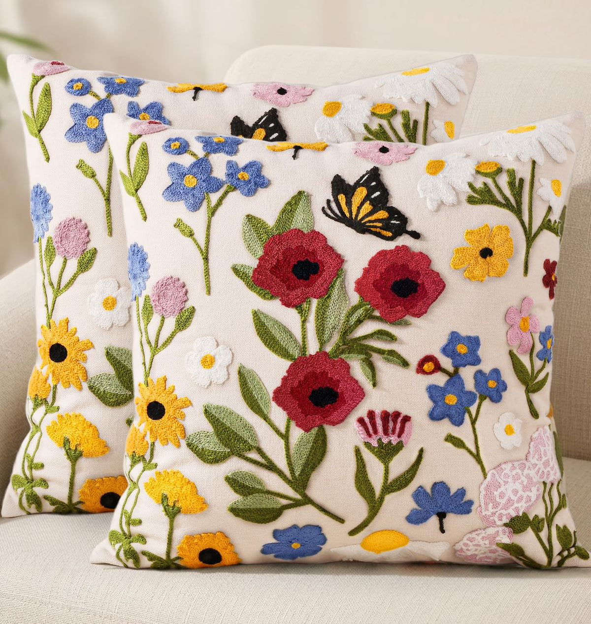 Embroidered Throw Pillow Cover 18x18 Inch, Flower Cluster | Decorative Pillow Cover, Floral Farmhouse Cushion Case with Hidden Zipper, Home Decor for Couch, Sofa, Living Room, Bedroom