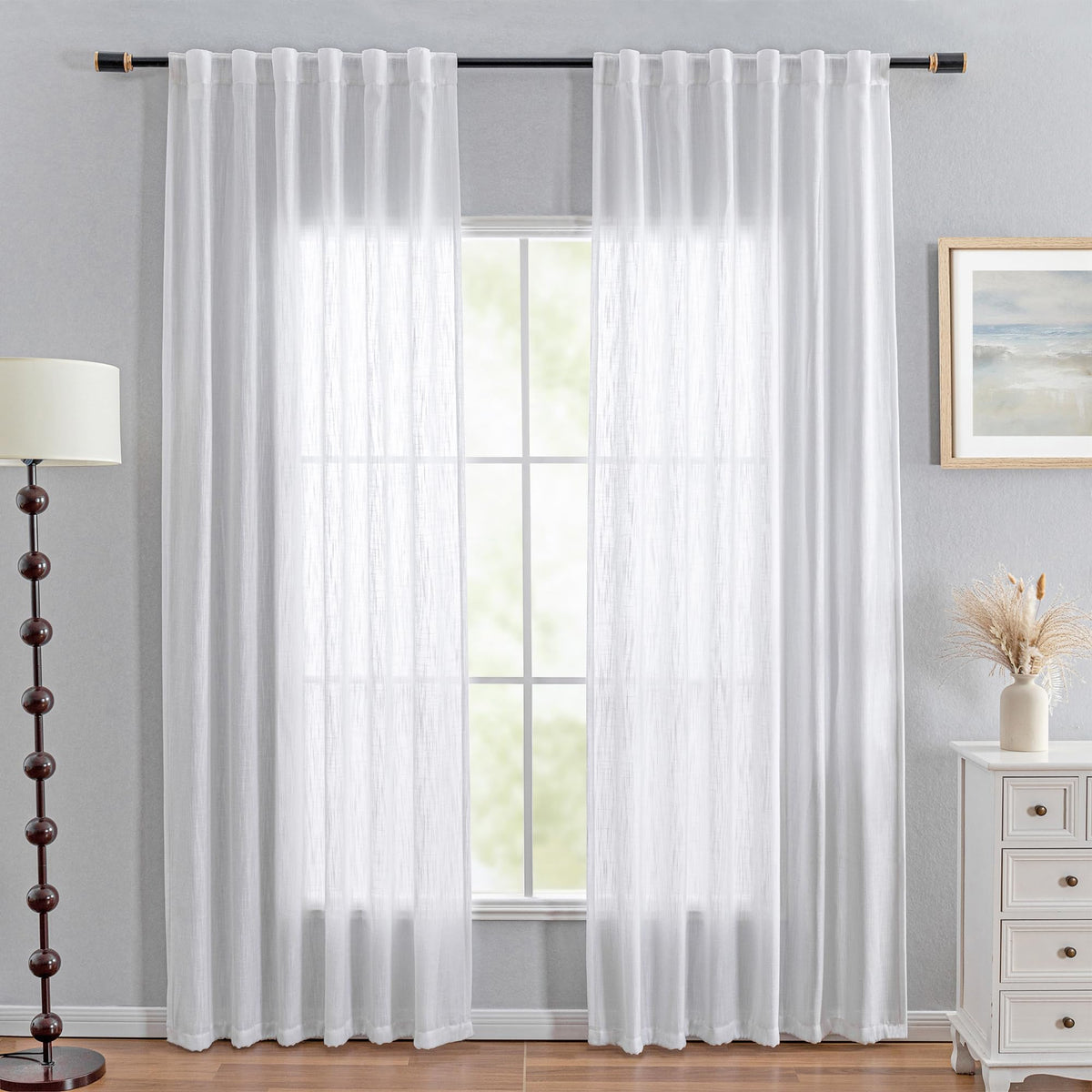 MYSKY HOME Linen Curtains for Living Room, Natural Semi Sheer Curtains & Drapes 84 inches Length 2 Panels Set Farmhouse Country Boho Style Back Tab Draperies for Sliding Glass Door, 50" Wide, Linen