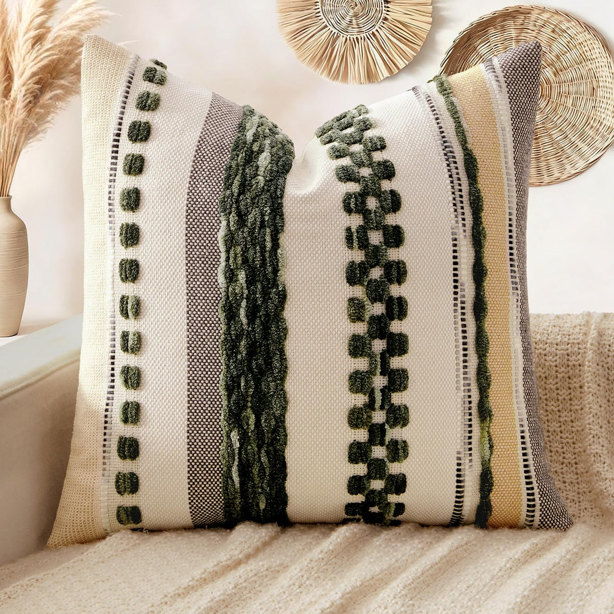 ANRODUO Boho Decorative Pillow Covers Olive Green Stripe 18x18 Pack of 2 | Throw Pillow Covers, Farmhouse Cushion Case, Chenille Pillow Cases, Pillow Covers, Accent Neutral Pillowcase for Couch Bed