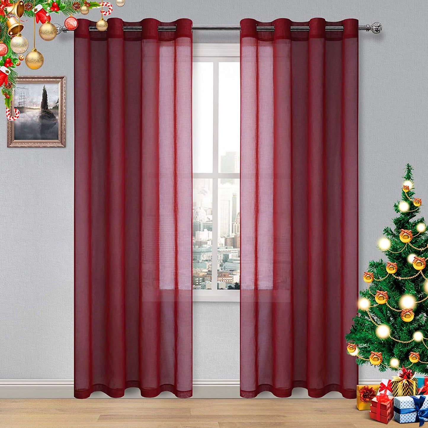 DWCN White Sheer Curtains Linen Look Semi Transparent Voile Grommet White Curtains for Living Dining Room Drapes 52 x 84 Inch Long, Set of 2 Panels