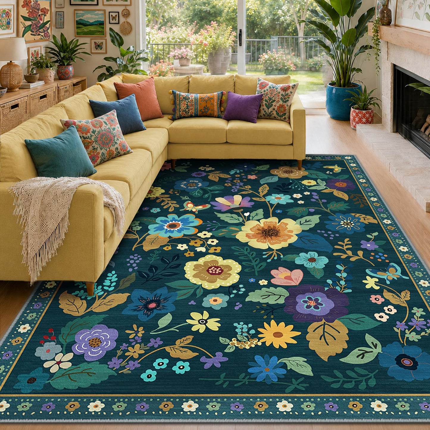 RELEANY Floral Washable 5x7 Area Rugs Beige/White/Orange | Flower Carpet, Print, Boho, Non-Slip, Easy to Clean, Soft, Low Pile for Living Room Bedroom Kitchen Office Entryway Hallway