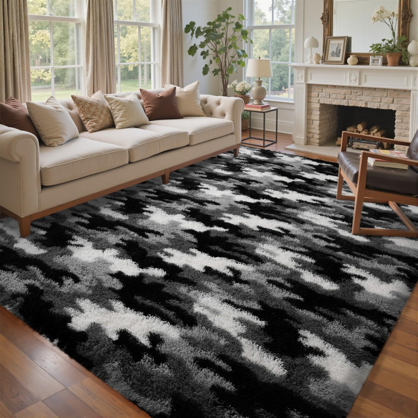 6x9 Ft Large Shag Rugs for Living Room Decor, Tie-Dyed Ultra Soft Fluffy Furry Area Rugs for Bedroom Indoor Floor, Aesthetic Carpet for Kids Home (Dark Grey)