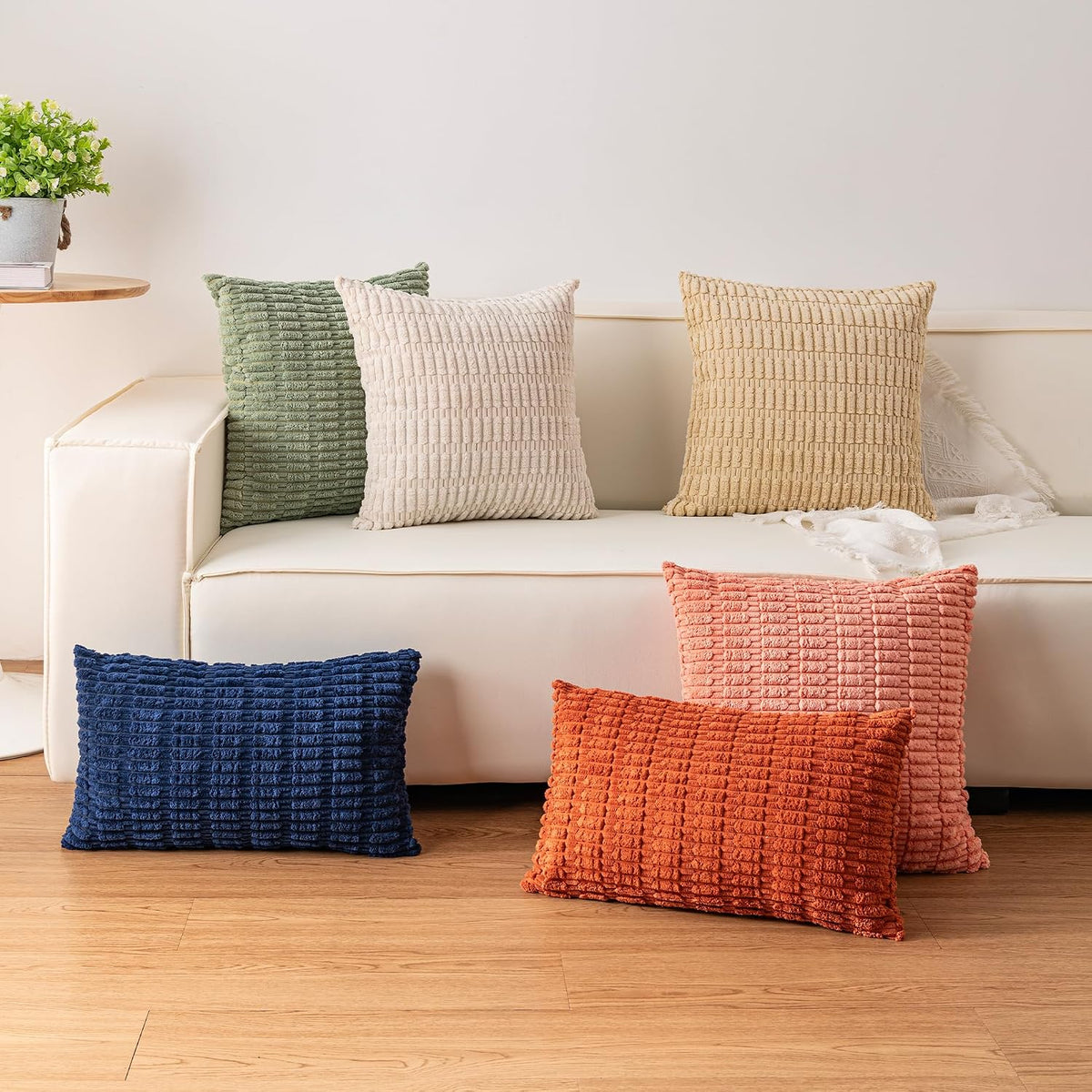 Pack of 2 Corduroy Decorative Throw Pillow Covers 18x18 Inch, Cream White | Fall Soft Striped Pillow Covers Modern Farmhouse Home Decor Christmas Throw Pillow Covers for Sofa Living Room Couch Bed ﻿