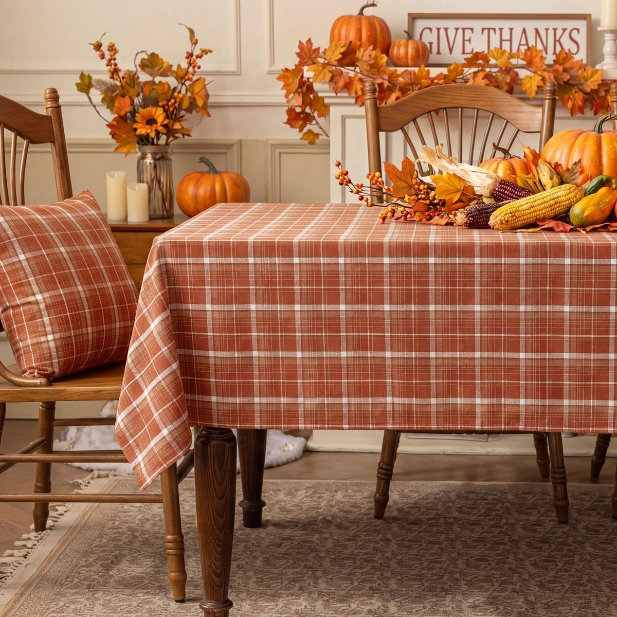 Softalker Fall Checkered Tablecloth Rectangle - Orange Buffalo Plaid Linen Cotton Gingham Thanksgiving Flannel Table Cloth, Autumn Farmhouse Table Cover for Dining Party Holiday Decor, 54 x 80 Inch