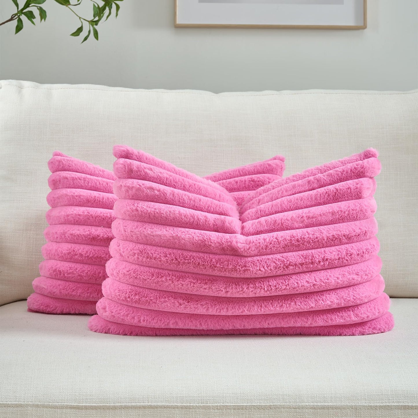 FUTEI Pack of 2 Faux Fur Throw Pillow Covers 18x18 Inch, Cream White | Fluffy Faux Rabbit Fur Front/Premium Velvet Back,Hidden Zipper,Machine Washable,Non-Shedding,Colorfast,Insert Not Included.
