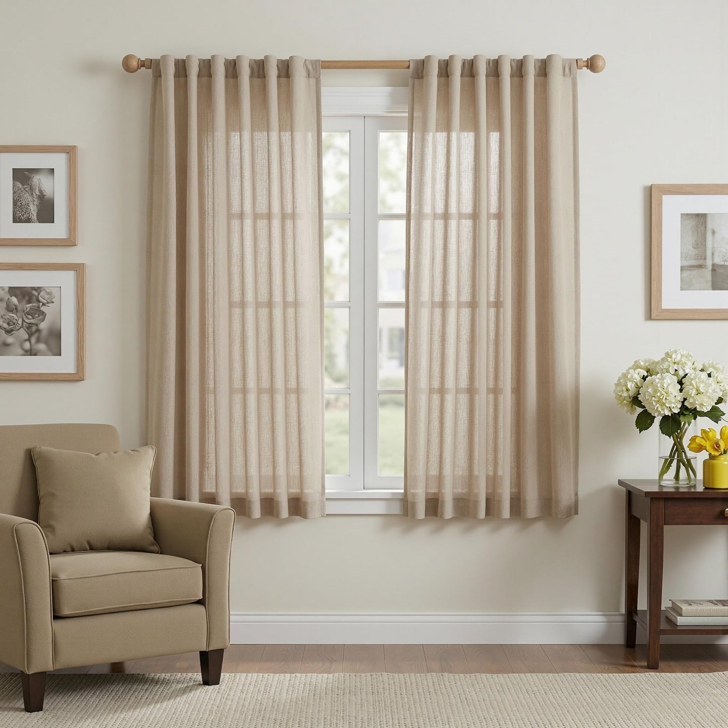 MYSKY HOME Linen Curtains for Living Room, Natural Semi Sheer Curtains & Drapes 84 inches Length 2 Panels Set Farmhouse Country Boho Style Back Tab Draperies for Sliding Glass Door, 50" Wide, Linen
