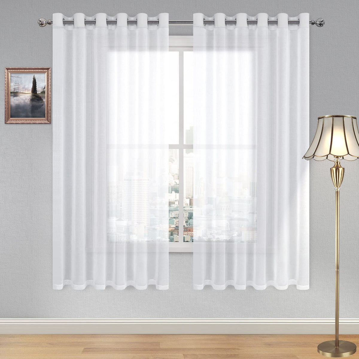 DWCN White Sheer Curtains Linen Look Semi Transparent Voile Grommet White Curtains for Living Dining Room Drapes 52 x 84 Inch Long, Set of 2 Panels