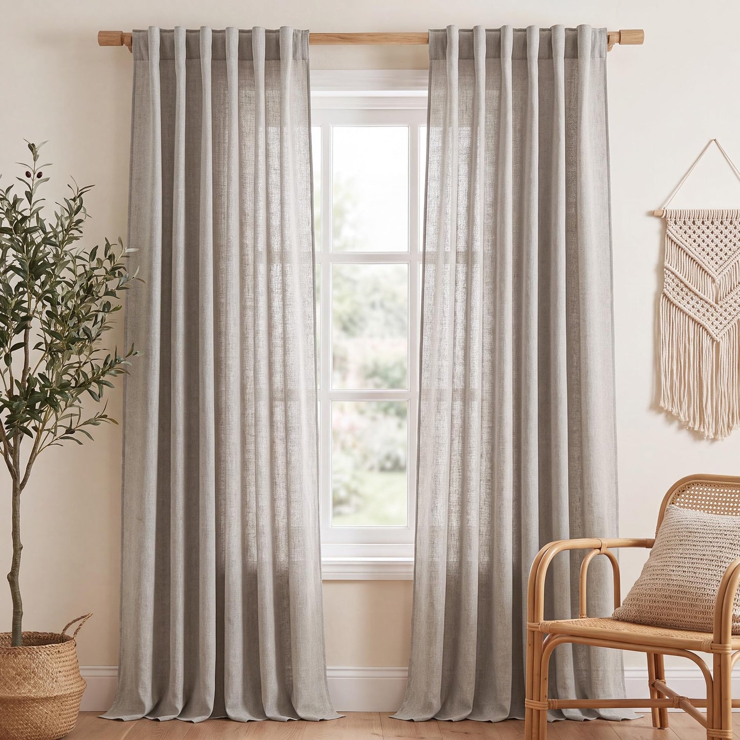 NICETOWN Flax Linen Curtains 84 inch Long, Rod Pocket & Back Tab Semi Sheer Vertical Drapes Privacy Added with Light Filtering for Bedroom/Living Room, Burlap, W52 x L84, 2 Pieces