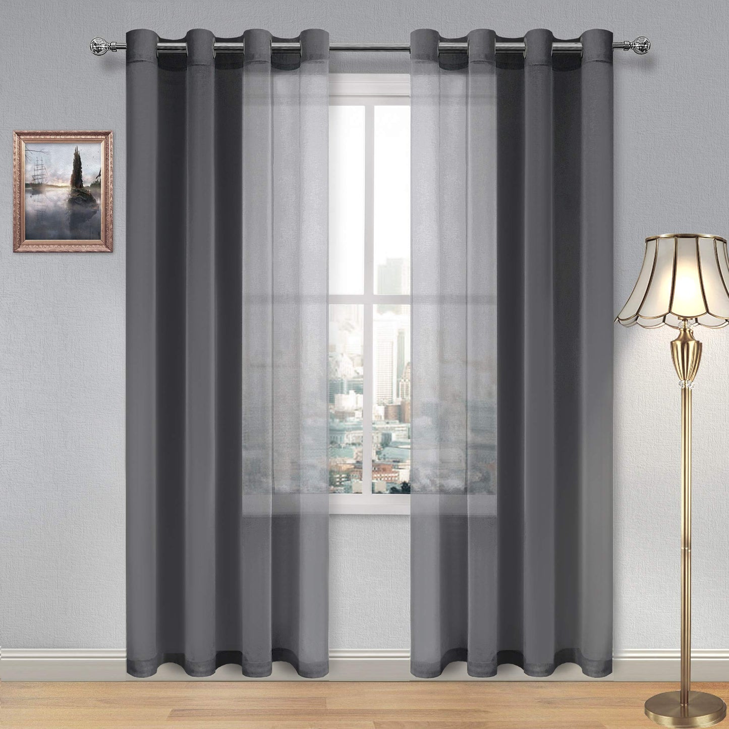 DWCN White Sheer Curtains Linen Look Semi Transparent Voile Grommet White Curtains for Living Dining Room Drapes 52 x 84 Inch Long, Set of 2 Panels
