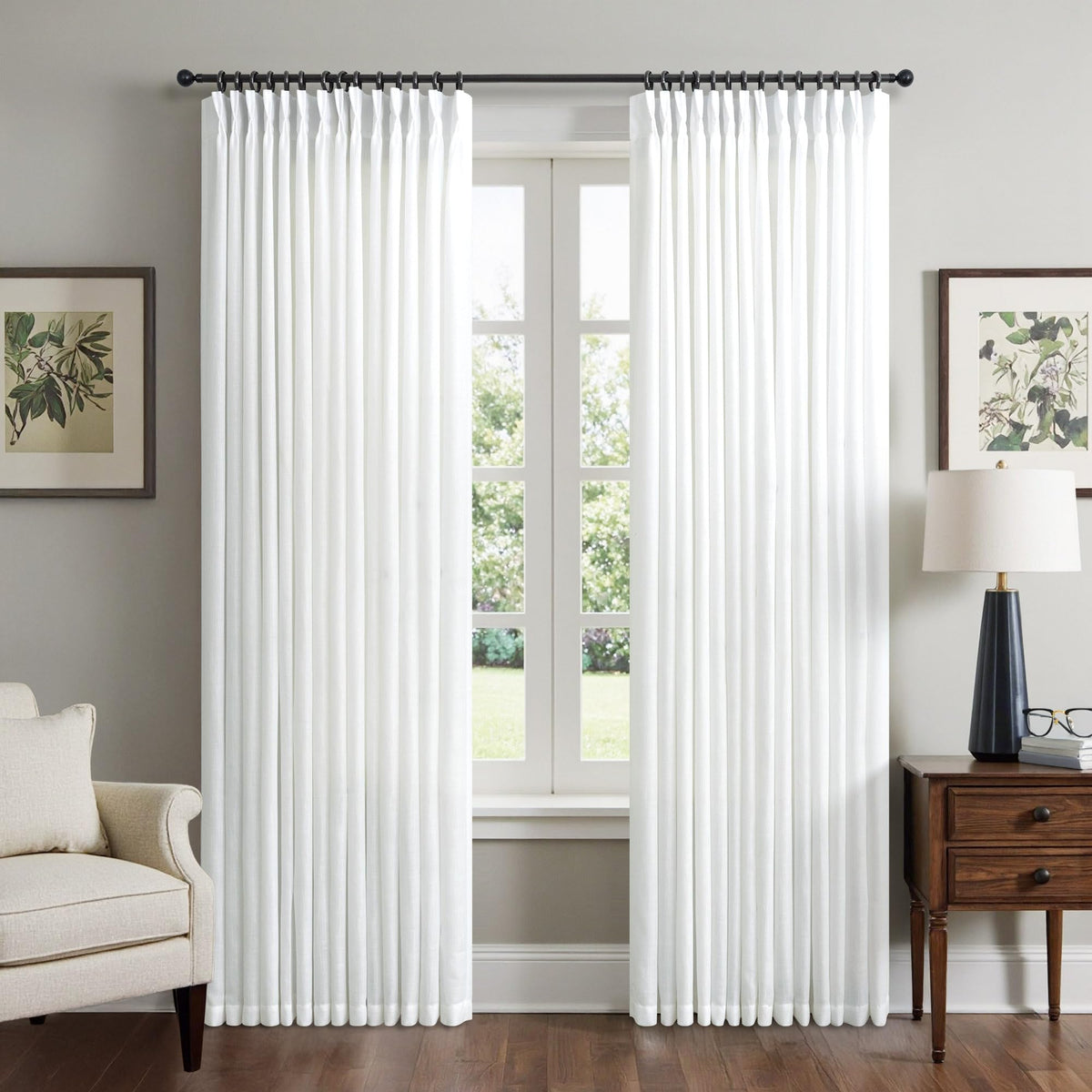 White Linen Pleated Curtains 84 Inches Long for Bedroom Back Tab Light Filtering Sheer Pinch Pleat Drapes Hook Ring Modern Farmhouse Coastal Cotton Textured Gauze Curtain Living Room 84 Length 2 Panel