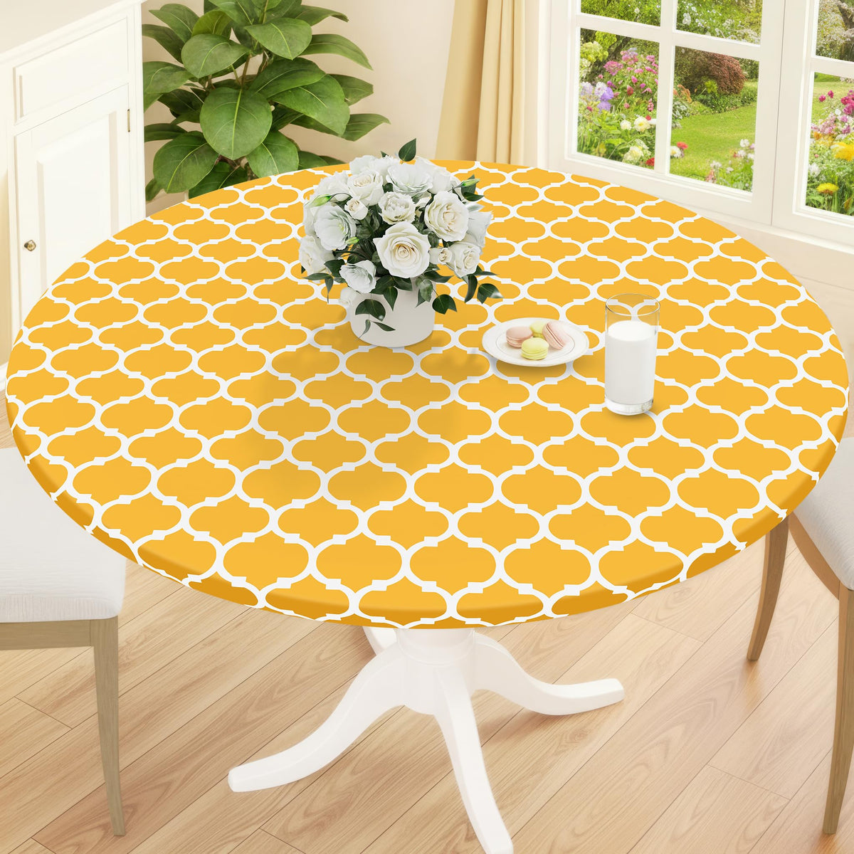 Smiry Round Picnic Tablecloth, Waterproof Elastic Fitted Table Covers for 45" - 56" Tables, Wipeable Flannel Backed Vinyl Tablecloths for Camping, Indoor, Outdoor, Grey & White