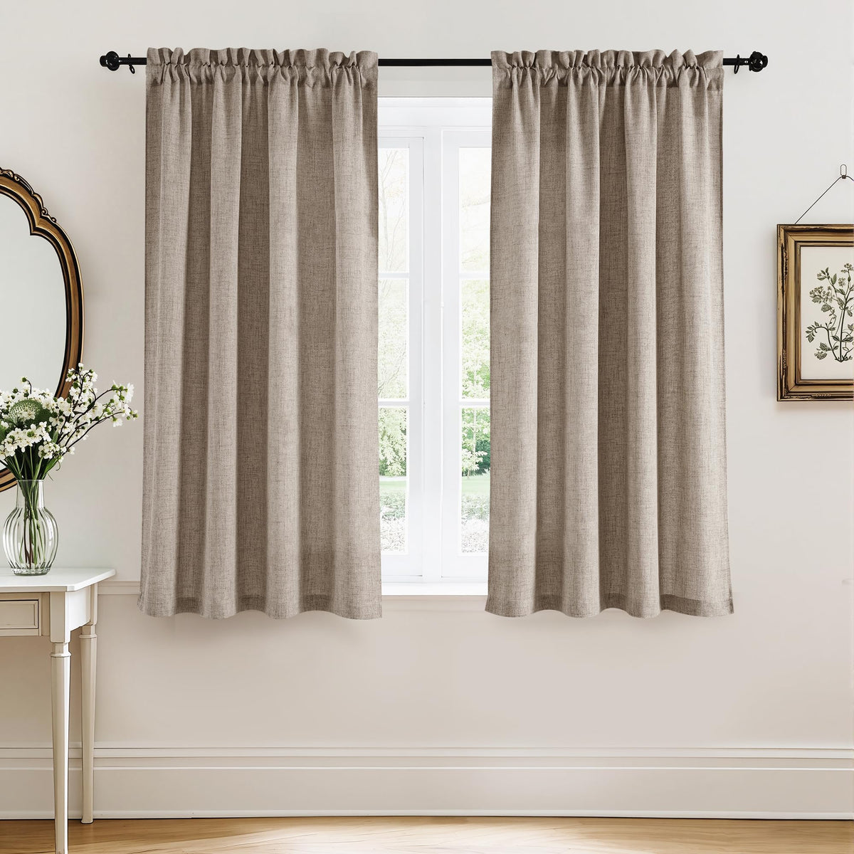 RYB HOME White Semi Sheer Curtains 84 inches Long for Living Room | Half Privacy, Linen Textured, Sheer Light Filtering, Vertical Window Drapes, for Bedroom Dining, White, W52 x L84, 2 Panels