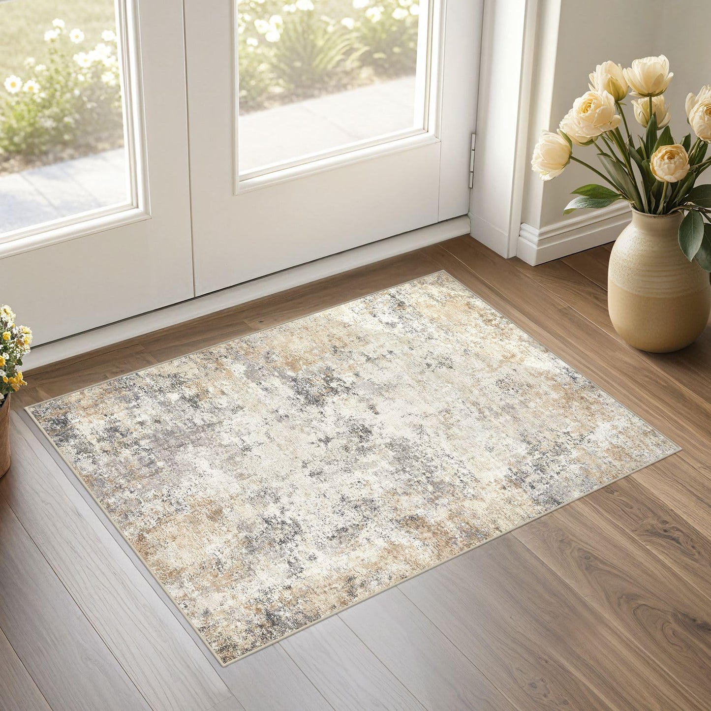 UERMEI 9x12 Area Rug Living Room Rugs - Washable Neutral Modern Abstract Soft Thin Large Rug Indoor Floor No Slip Rug Carpet for Bedroom Under Dining Table Home Office Decor - Brown Grey